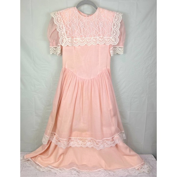 Gunne Sax Dresses & Skirts - Vintage 1980s Gunne Sax Pink Puff Sleeve Over-lace Tiered Midi Dress Size 6